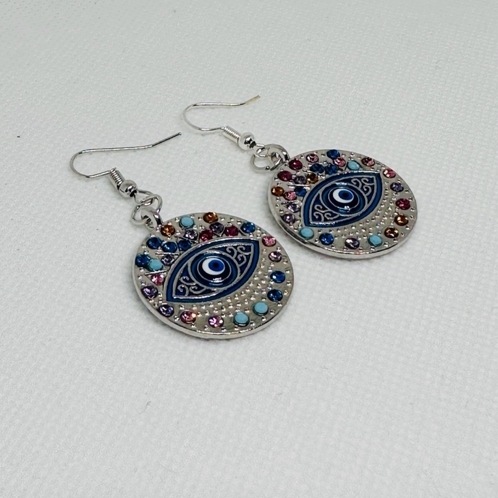 Handmade Devils Eye silver plated earrings with rhinestones
